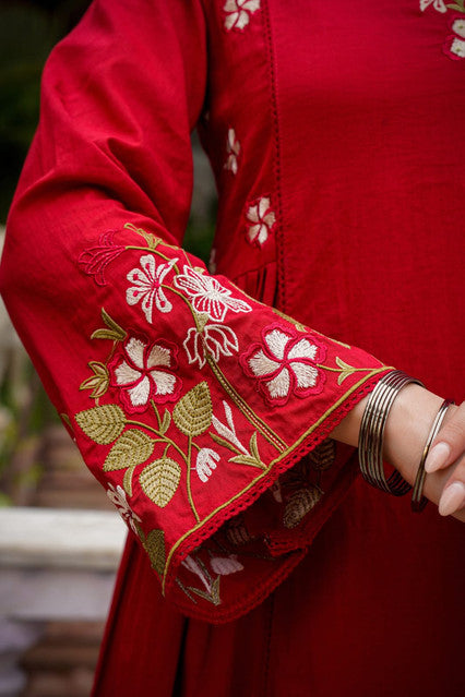 Party Wear Anarkali Kurti with Pant & Embroidered Dupatta Crimson Red