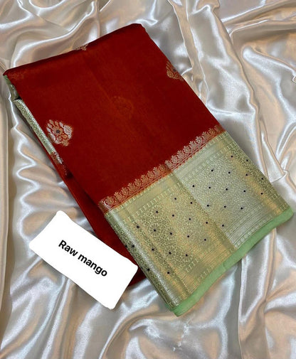 Banarasi Handloom Raw Mango Silk Saree with Meena Zari Butta Crimson Red