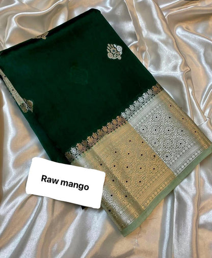 Banarasi Handloom Raw Mango Silk Saree with Meena Zari Butta Olive Green
