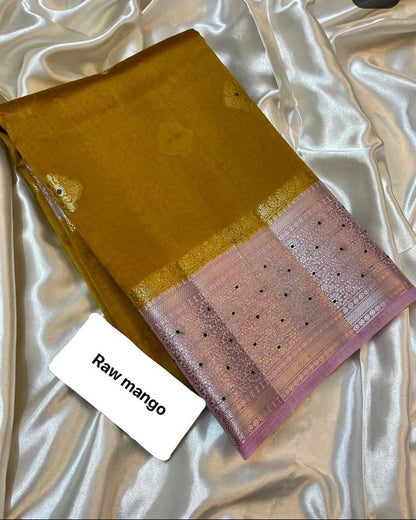 Banarasi Handloom Raw Mango Silk Saree with Meena Zari Butta Mustard