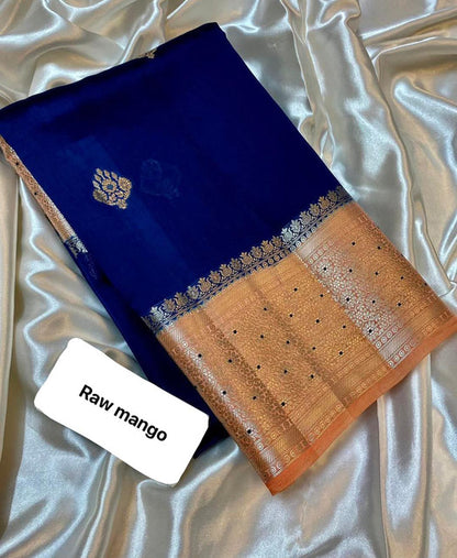 Banarasi Handloom Raw Mango Silk Saree with Meena Zari Butta Royal Blue