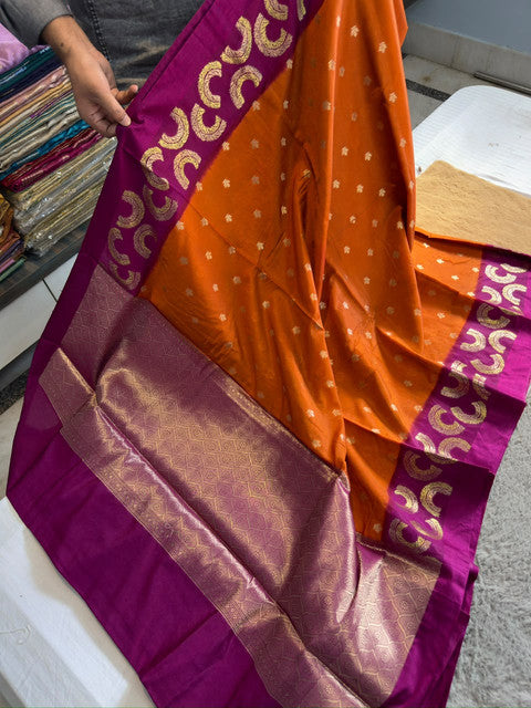Banarasi Dyble Dupion Soft Silk Alfi Minakari Saree Orange