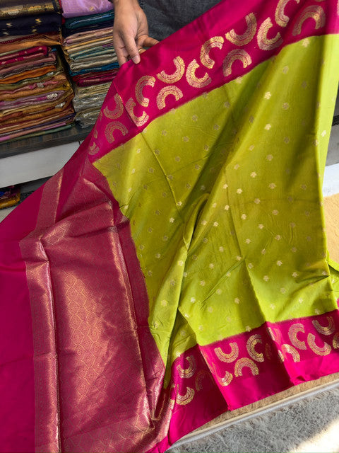 Banarasi Dyble Dupion Soft Silk Alfi Minakari Saree Olive Green
