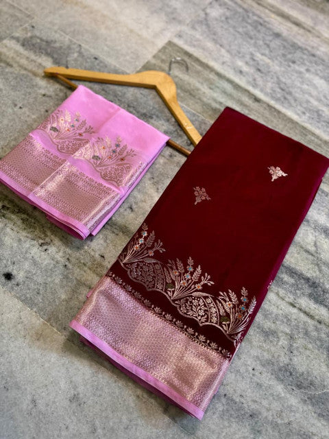Banarasi Katan Silk Alfi Butti Saree with Jacquard Pallu Wine