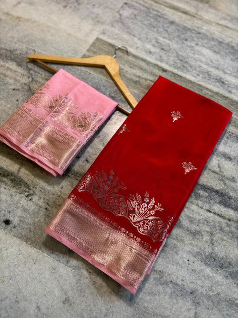 Banarasi Katan Silk Alfi Butti Saree with Jacquard Pallu Crimson Red