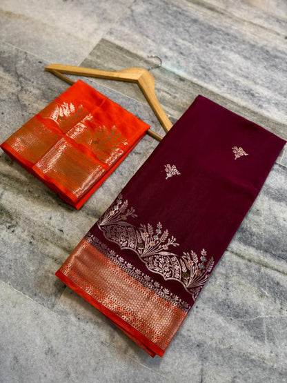 Banarasi Katan Silk Alfi Butti Saree with Jacquard Pallu Maroon