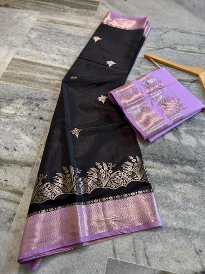 Banarasi Katan Silk Alfi Butti Saree with Jacquard Pallu Black