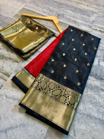 Kanchi Pattu Silk Half & Half Saree with Gold Zari Border Red