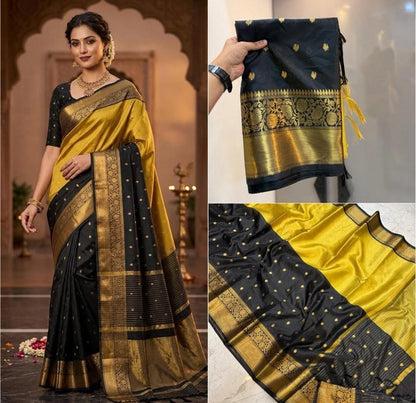 Kanchi Pattu Silk Half & Half Saree with Gold Zari Border Yellow