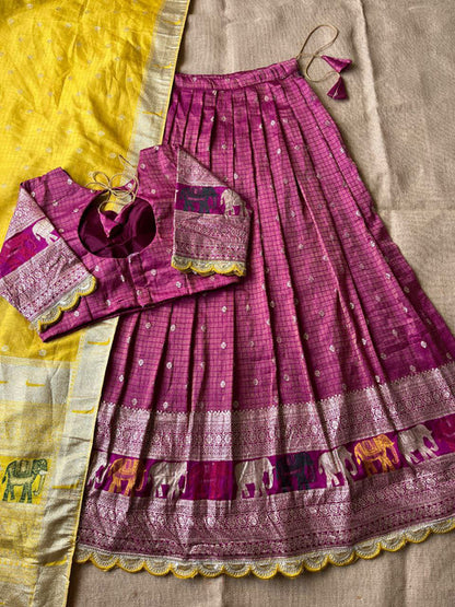 Elephant Checks Viscose Tissue Silk Lehenga Set Magenta