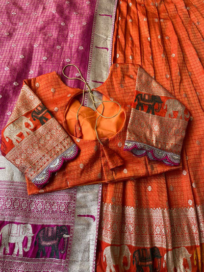 Elephant Checks Viscose Tissue Silk Lehenga Set Orange