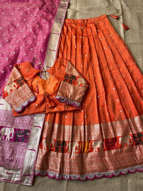Elephant Checks Viscose Tissue Silk Lehenga Set Orange
