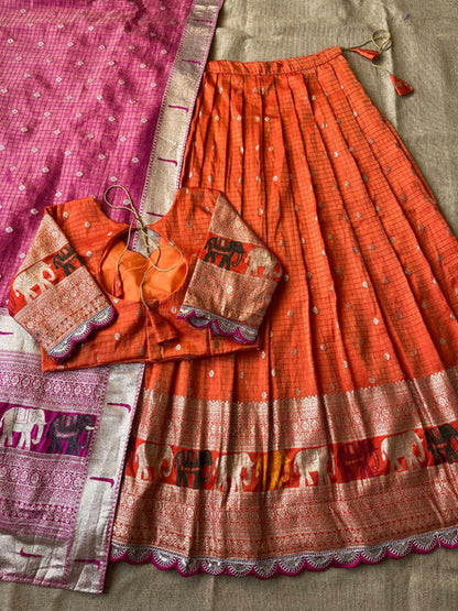 Elephant Checks Viscose Tissue Silk Lehenga Set Orange