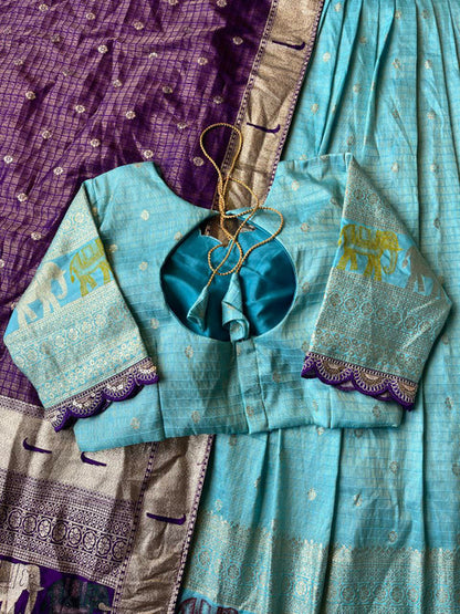 Elephant Checks Viscose Tissue Silk Lehenga Set Sky Blue