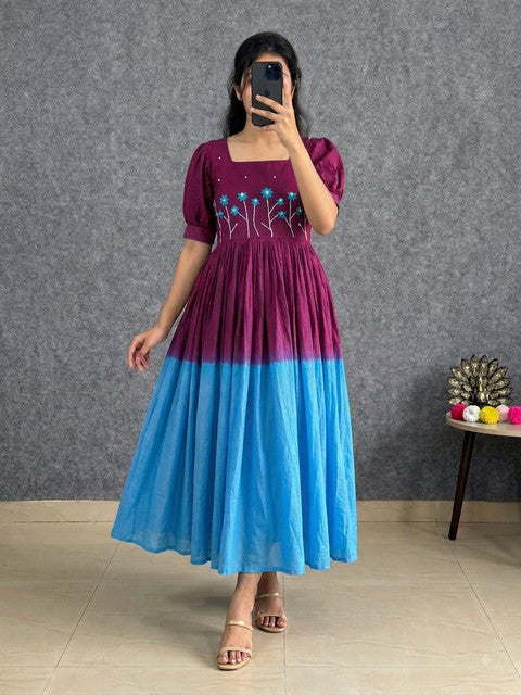 Designer Soft Mul Cotton Gown Dress with Pearl & Thread Handwork Maroon