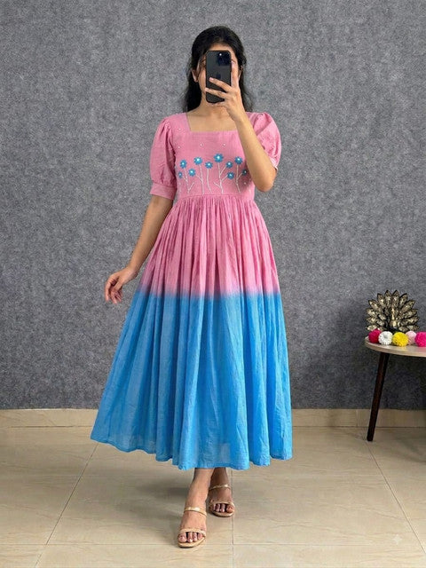 Designer Soft Mul Cotton Gown Dress with Pearl & Thread Handwork Baby Pink