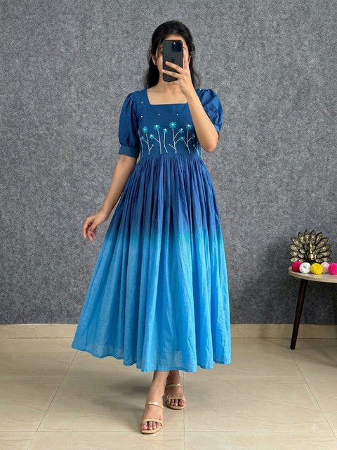Designer Soft Mul Cotton Gown Dress with Pearl & Thread Handwork Royal Blue