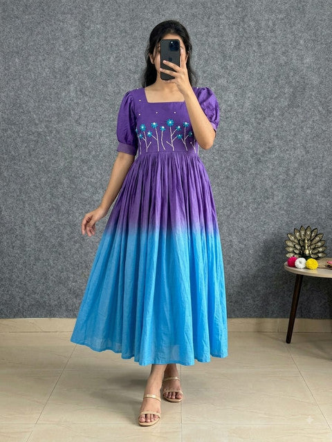 Designer Soft Mul Cotton Gown Dress with Pearl & Thread Handwork Purple