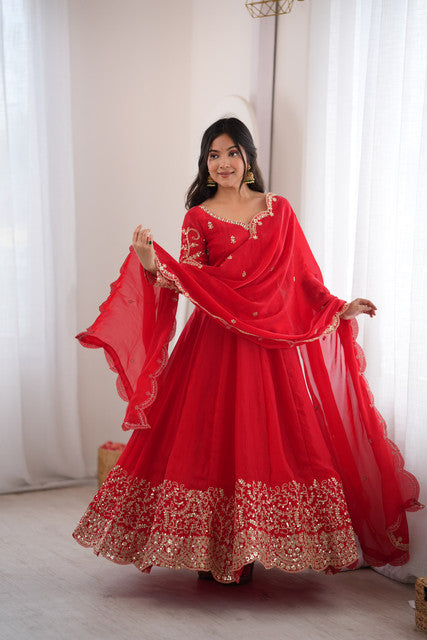 Fendy Silk Embroidered Gown with Pant & Dupatta Set Red