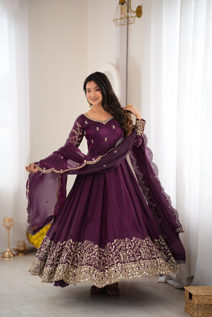 Fendy Silk Embroidered Gown with Pant & Dupatta Set Maroon