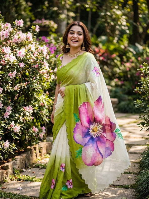 Soft Pure Georgette Digital Print Handwork Saree Green