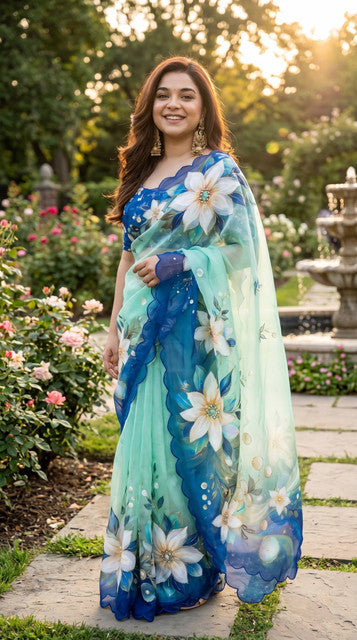 Soft Pure Georgette Digital Print Handwork Saree Blue