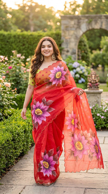 Soft Pure Georgette Digital Print Handwork Saree Orange