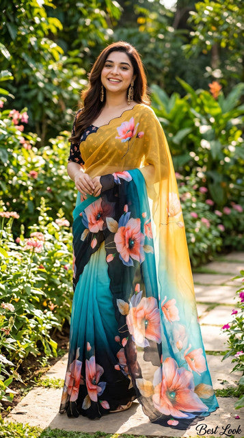Soft Pure Georgette Digital Print Handwork Saree Gold