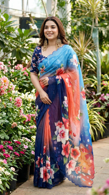 Soft Pure Georgette Digital Print Handwork Saree Navy Blue