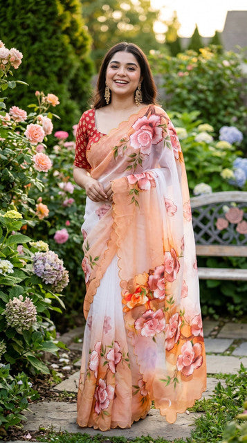 Soft Pure Georgette Digital Print Handwork Saree Peach