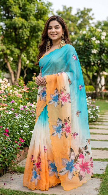 Soft Pure Georgette Digital Print Handwork Saree Sky Blue