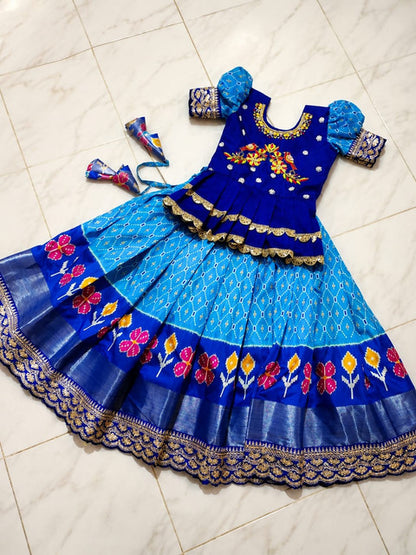 Kids Pure Heavy Silk Lehenga Choli with Digital Print & Maggam Work Blue