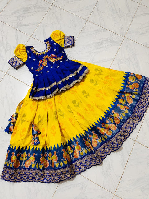 Kids Pure Heavy Silk Lehenga Choli with Digital Print & Maggam Work Navy Blue