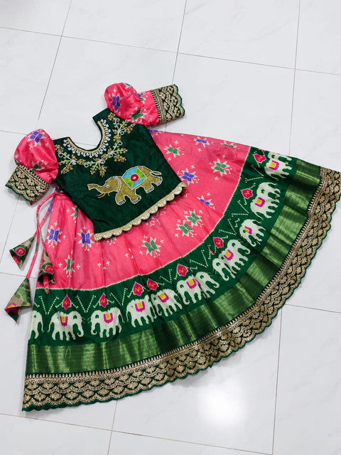 Kids Pure Heavy Silk Lehenga Choli with Digital Print & Maggam Work Emerald Green