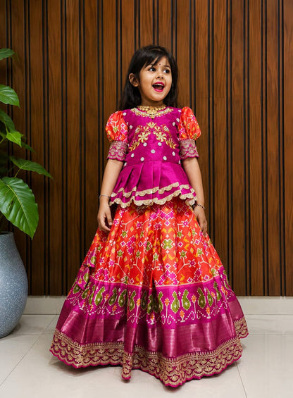 Kids Pure Heavy Silk Lehenga Choli with Digital Print & Maggam Work Rani Pink