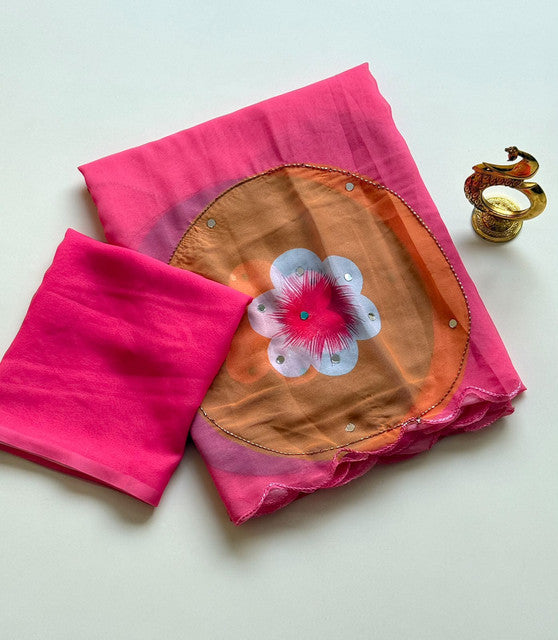 Bollywood Style Soft Fox Georgette Saree with Khatli & Mirror Work Rani Pink
