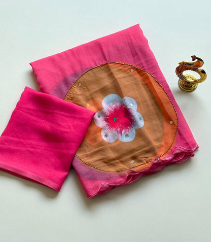 Bollywood Style Soft Fox Georgette Saree with Khatli & Mirror Work Rani Pink