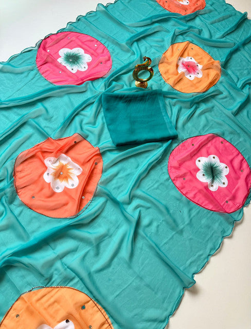 Bollywood Style Soft Fox Georgette Saree with Khatli & Mirror Work Turquoise