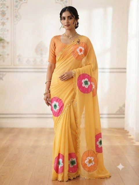 Bollywood Style Soft Fox Georgette Saree with Khatli & Mirror Work Golden Yellow