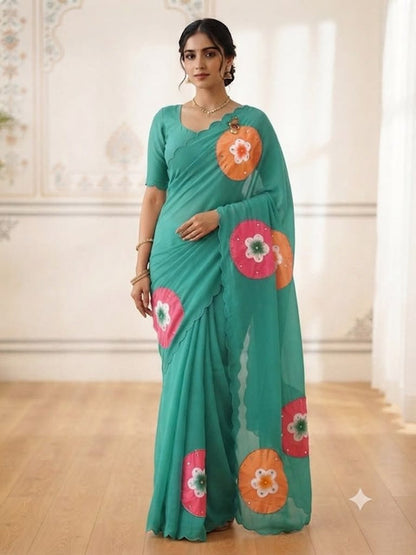 Bollywood Style Soft Fox Georgette Saree with Khatli & Mirror Work Teal