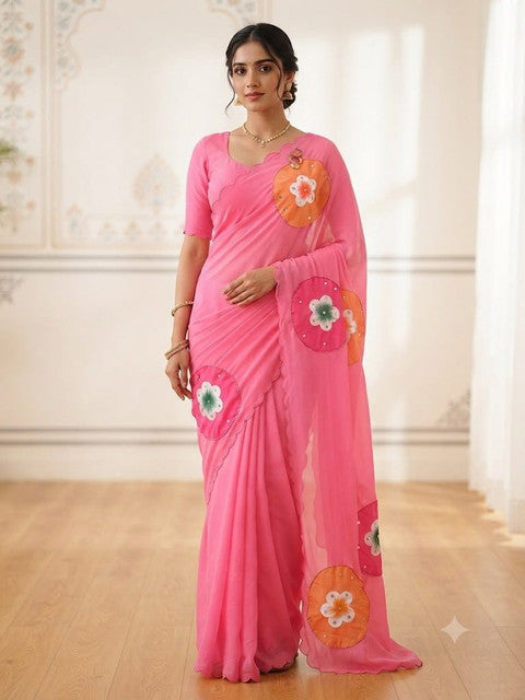 Bollywood Style Soft Fox Georgette Saree with Khatli & Mirror Work Baby Pink