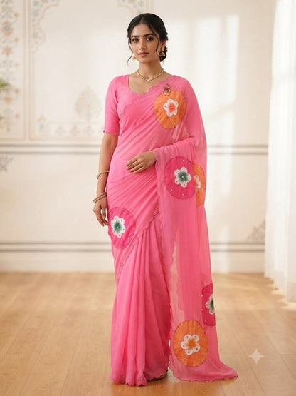 Bollywood Style Soft Fox Georgette Saree with Khatli & Mirror Work Baby Pink