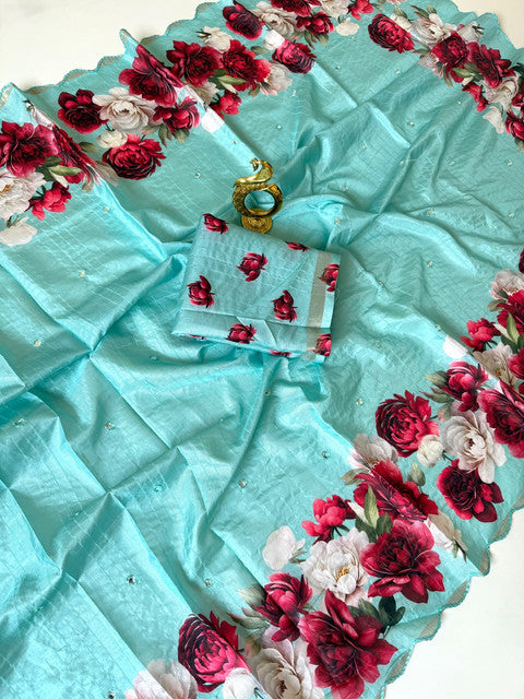 Tussar Saree with Rose Flower Print Turquoise