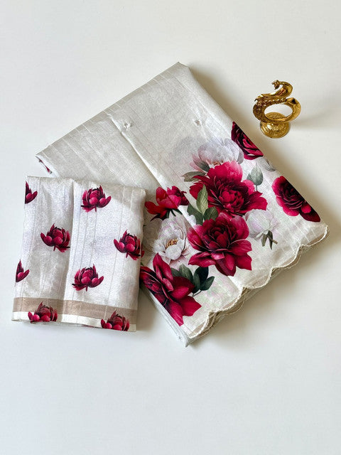 Tussar Saree with Rose Flower Print Off-White