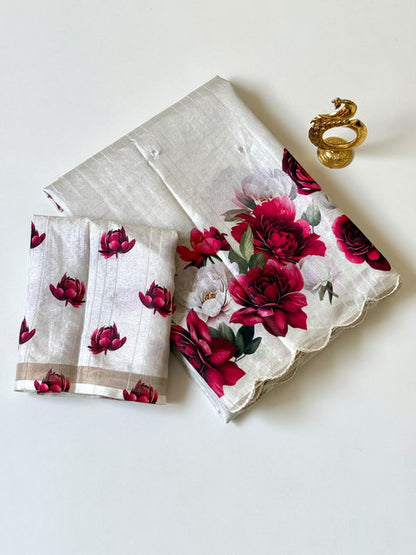 Tussar Saree with Rose Flower Print Off-White