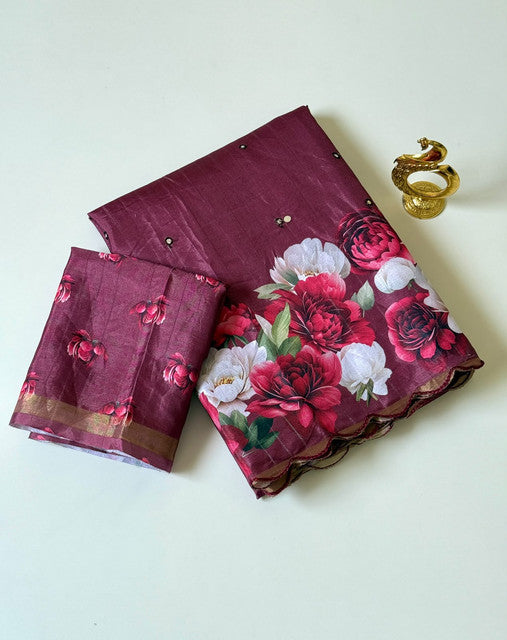 Tussar Saree with Rose Flower Print Maroon