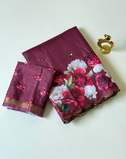 Tussar Saree with Rose Flower Print Maroon