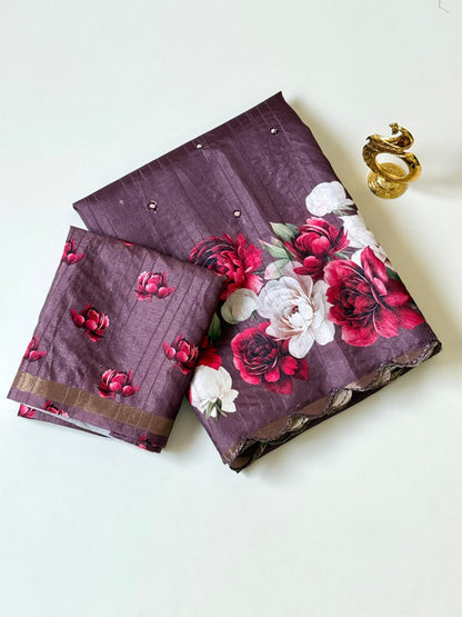 Tussar Saree with Rose Flower Print Maroon