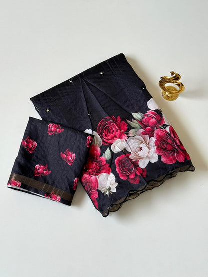 Tussar Saree with Rose Flower Print Charcoal