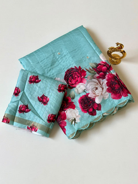 Tussar Saree with Rose Flower Print Sky Blue